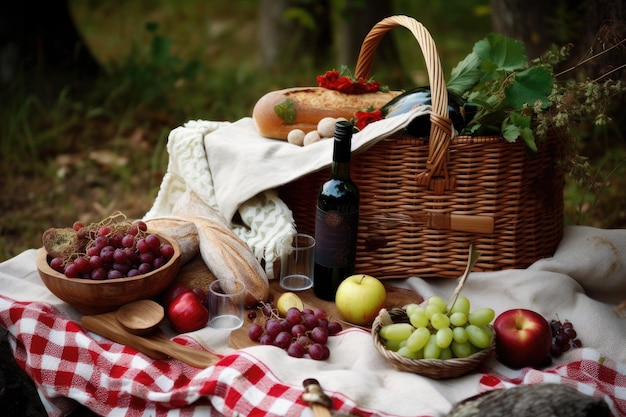 Un picnic rústico con canasta de madera y alimentos de temporada creados con aire generativo