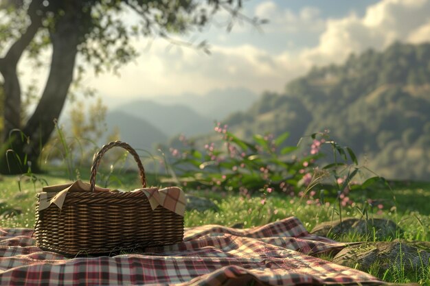 Un picnic sereno en el campo con una canasta de mimbre