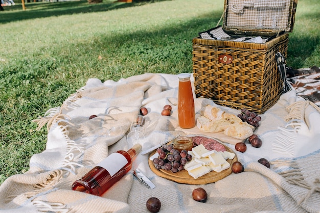 Picnic sobre una manta en el parque al aire libre con comida y bebida