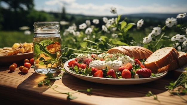 Foto picnic soleado en spring meadow con comida deliciosa