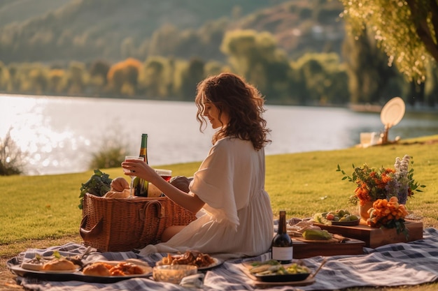 Picnic en solitario Mujer disfrutando de una comida gourmet en un parque panorámico