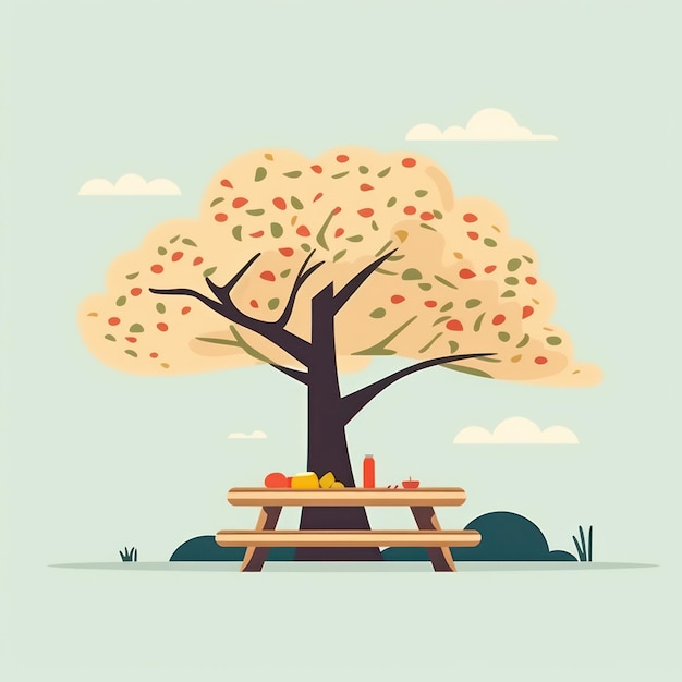 Picnic a la sombra de un gran árbol en un brillante día soleado en el parque ilustración de estilo plano