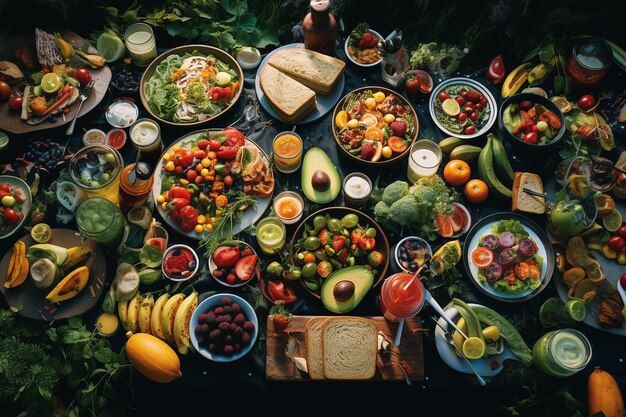 Picnic con tema de aguacate con sándwiches, ensaladas y postres