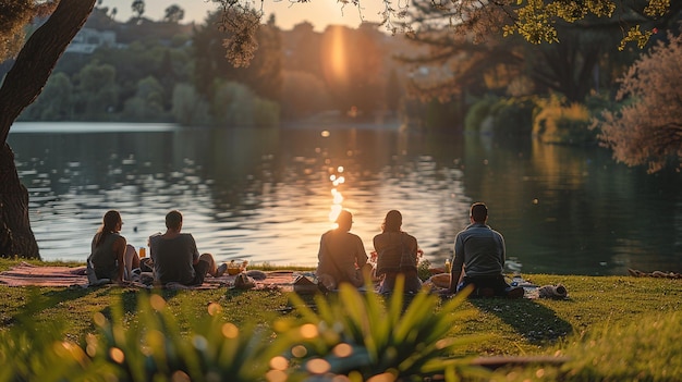 Foto un picnic tranquilo a orillas del lago con las familias