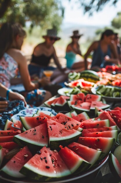 Foto picnic de verano con amigos en el lago