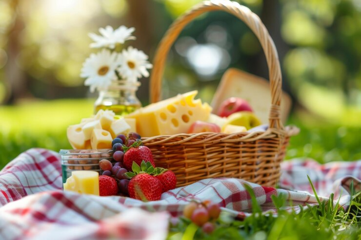 Picnic de verano con una canasta de quesos, frutas y flores en un parque iluminado por el sol