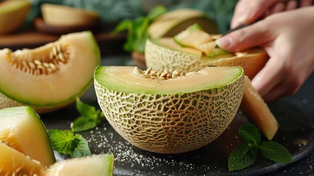 Picnic de verano con las manos cortando melón de melón para un regalo refrescante