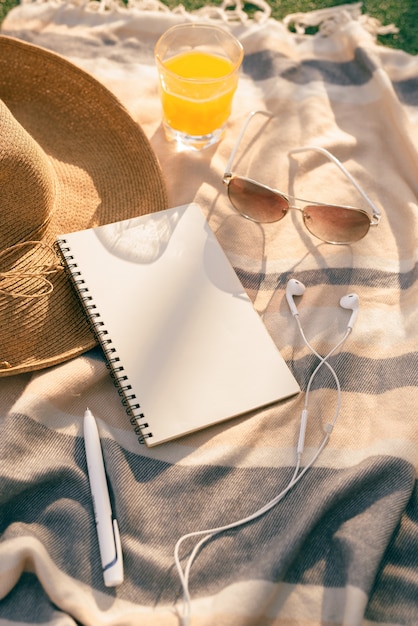 Picnic de verano en la naturaleza con diario y frutas.