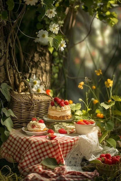 picnic de verano con pastel de fresa