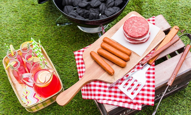 Picnic de verano con una pequeña parrilla de carbón en el parque.