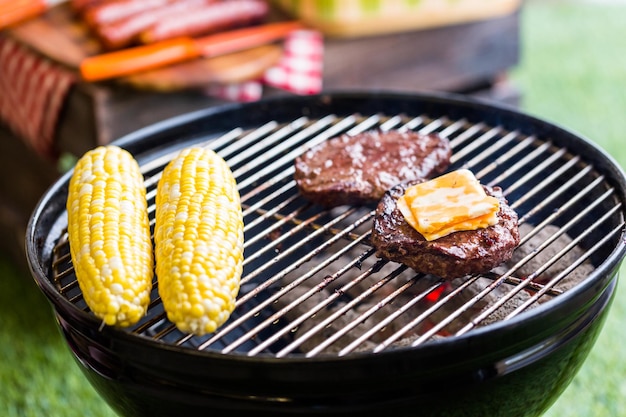 Picnic de verano con una pequeña parrilla de carbón en el parque.