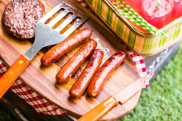 Picnic de verano con una pequeña parrilla de carbón en el parque.