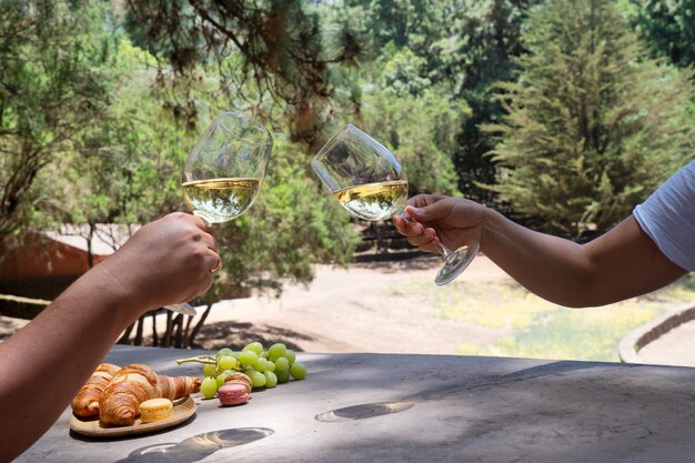 Picnic con vino y croissants, maridaje con copas