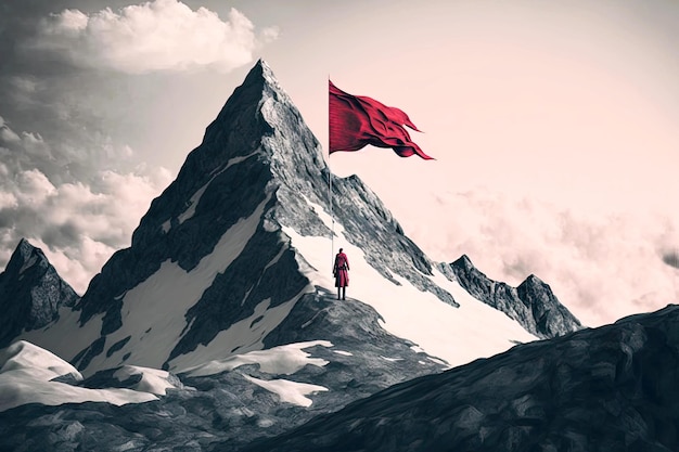 Pico de alta montaña con bandera roja y persona que logra objetivos comerciales