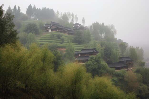 Pico de bambú lijiang niebla rural