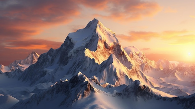 pico da montanha pôr do sol panorâmico coberto de neve beleza na natureza