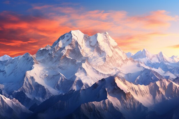 pico da montanha pôr do sol panorâmico coberto de neve beleza na natureza