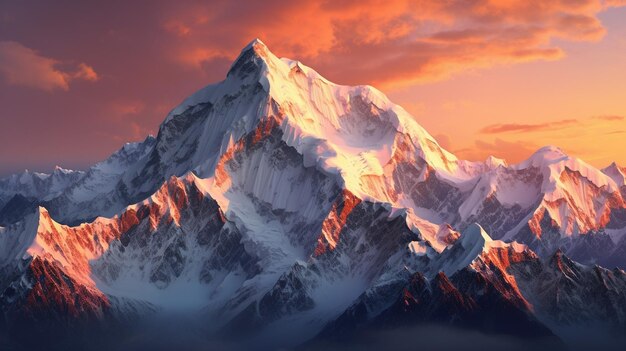 pico da montanha pôr do sol panorâmico coberto de neve beleza na natureza