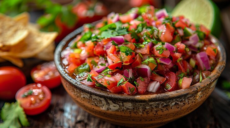 Pico de Gallo fresco com batatas fritas na mesa rústica
