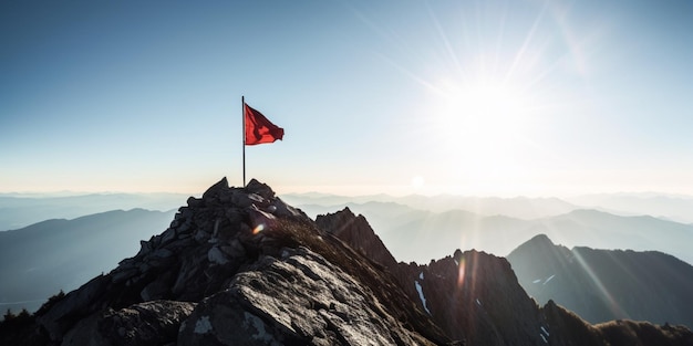 Foto pico de montanha com bandeira vermelha