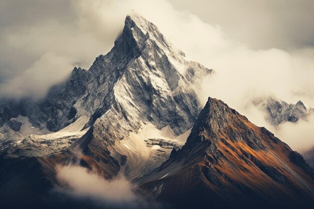 Pico de montanha rochosa envolto em nuvens imagem de fundo da natureza