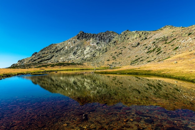 Pico de penalaras refletido em um lago glaciar