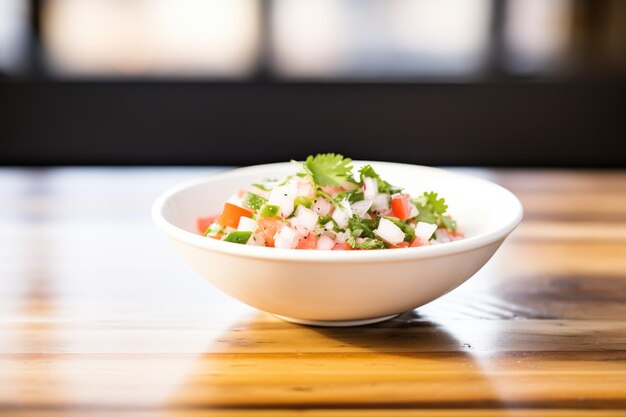 Foto pico de gallo fresco en un recipiente blanco sobre una mesa de madera