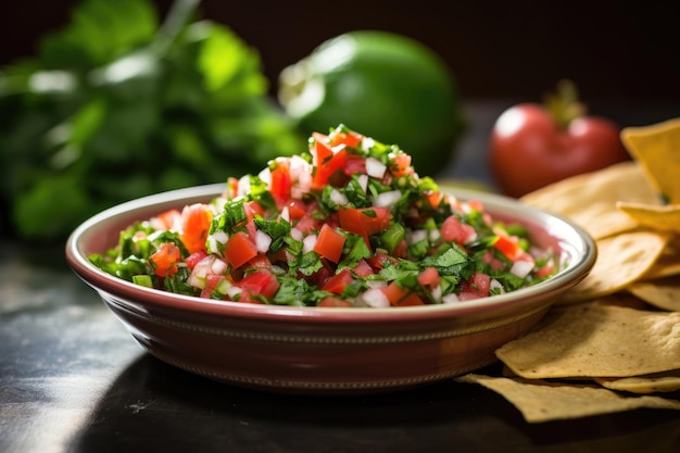 Pico de gallo servido con papas fritas de tortilla