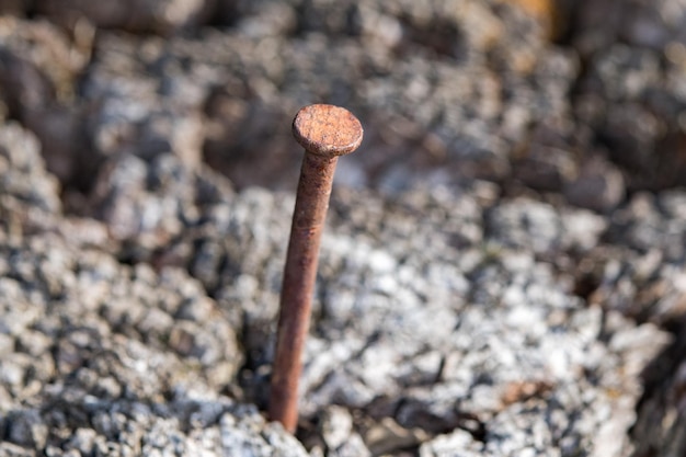 Foto pico de hierro oxidado en madera detalle de primer plano macro