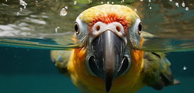 El pico de un loro está sobre el agua.