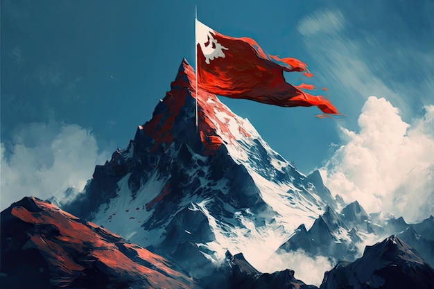 Un pico de montaña con bandera roja ondeando en el viento rodeado de cielo azul creado con ai generativo