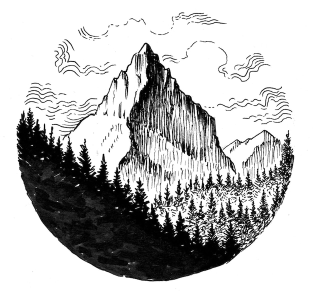 Pico de montaña y bosque en forma circular. Dibujo a tinta en blanco y negro