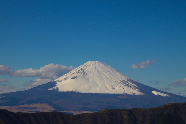 El pico de la montaña cubierto de nieve contra el cielo azul