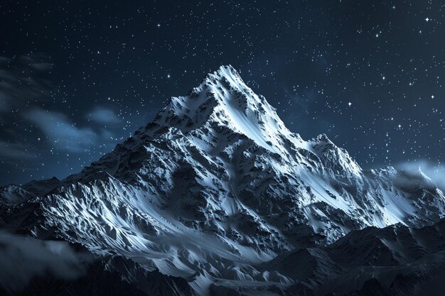 Un pico de montaña cubierto de nieve por la noche
