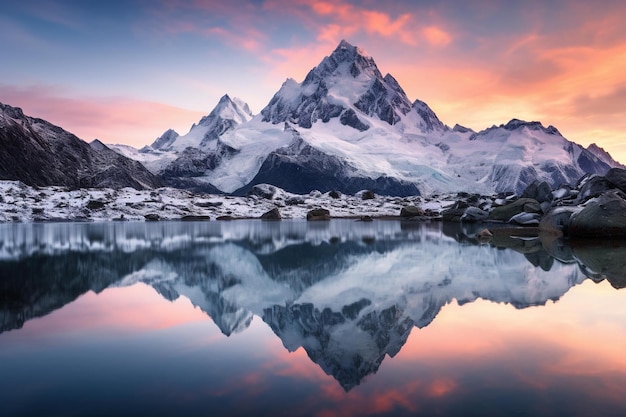 El pico de la montaña cubierto de nieve se refleja perfectamente en un lago alpino parecido a un espejo al amanecer