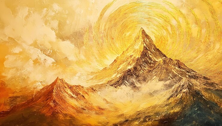 Un pico de montaña dorada que emerge de un sol en espiral