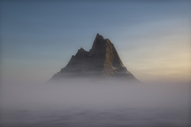 El pico de la montaña se eleva desde la niebla. Tema de montaña