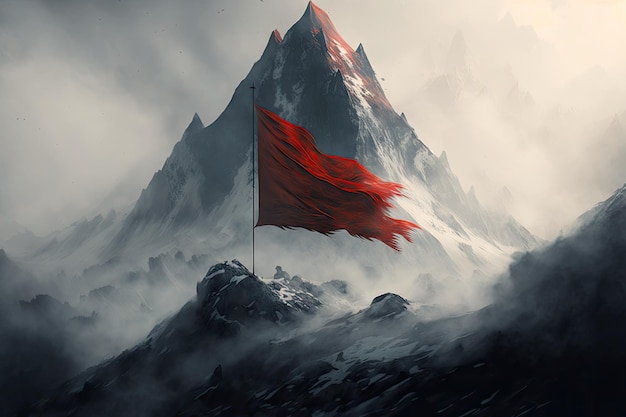 Pico de montaña envuelto en niebla con bandera roja ondeando en la brisa creada con ai generativo
