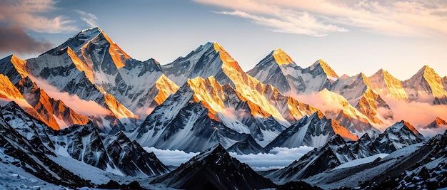 Pico de montaña de las montañas nevadas tibetanas un hermoso panorama de las montañas al atardecer del día generativo ai