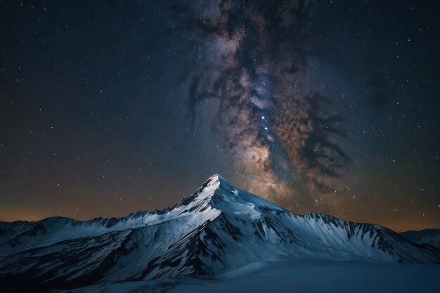 El pico de la montaña nevada bajo la majestad de la galaxia estrellada