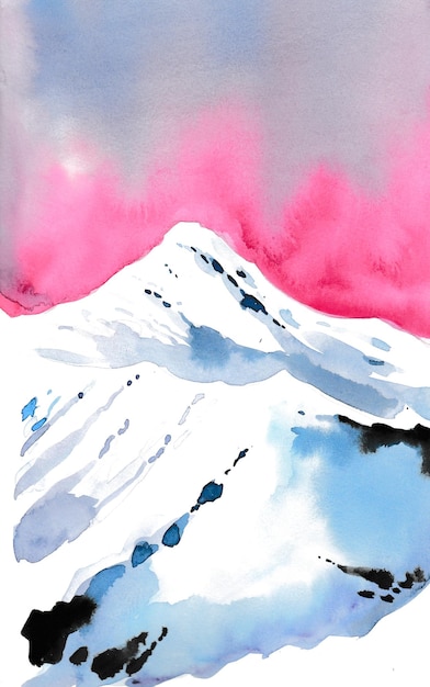 Pico de montaña en la salida del sol. Dibujo a tinta y acuarela