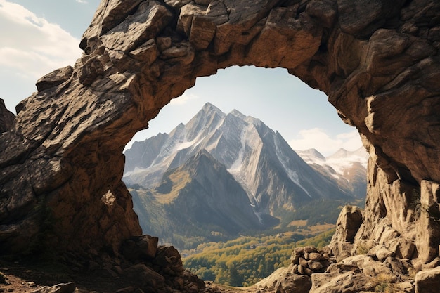 Foto el pico de la montaña visible a través de un arco de piedra formado naturalmente