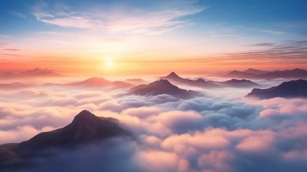 Pico panorámico aéreo de la montaña al atardecer sobre el paisaje de nubes Generar imagen de IA