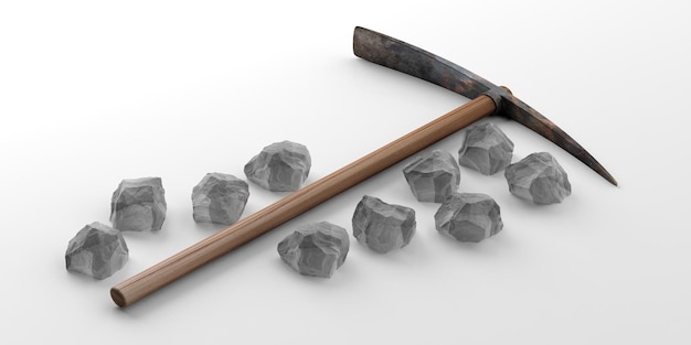 Pico y piedras blancas sobre fondo blanco ilustración 3d