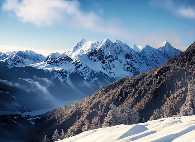 Picos cobertos de neve na serenidade do inverno durante o dia