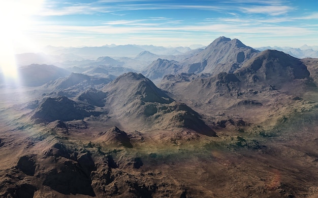 Picos de montanha com reflexo do sol