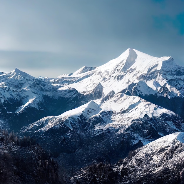Picos de montanha no inverno Montanhas cobertas de neve paisagem ilustração 3d