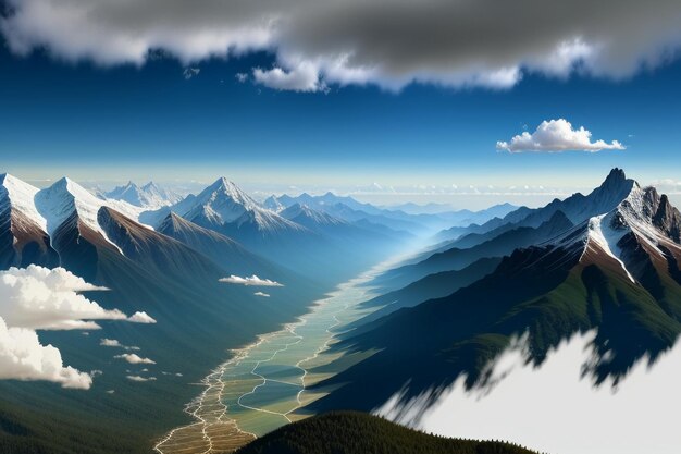 Picos de montanha sob o céu azul e nuvens brancas cenário natural papel de parede fotografia de fundo