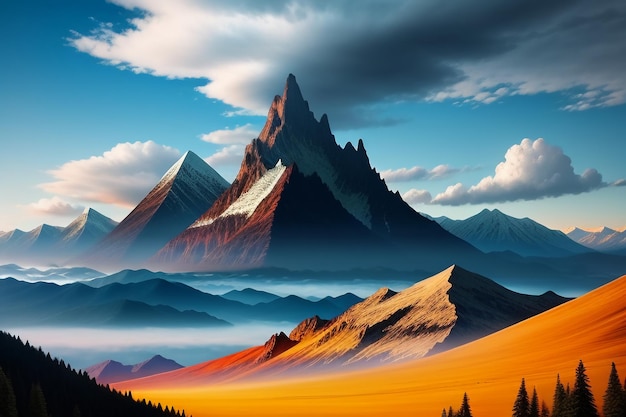 Picos de montanha sob o céu azul e nuvens brancas cenário natural papel de parede fotografia de fundo