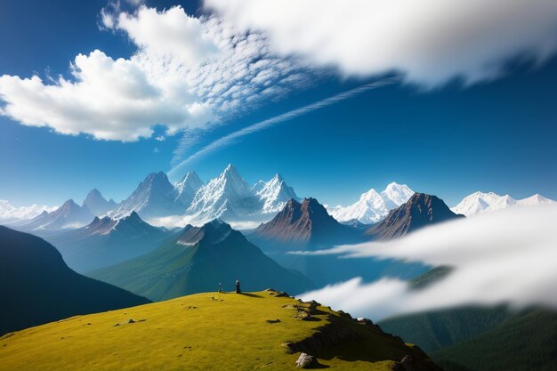 Picos de montanha sob o céu azul e nuvens brancas cenário natural papel de parede fotografia de fundo